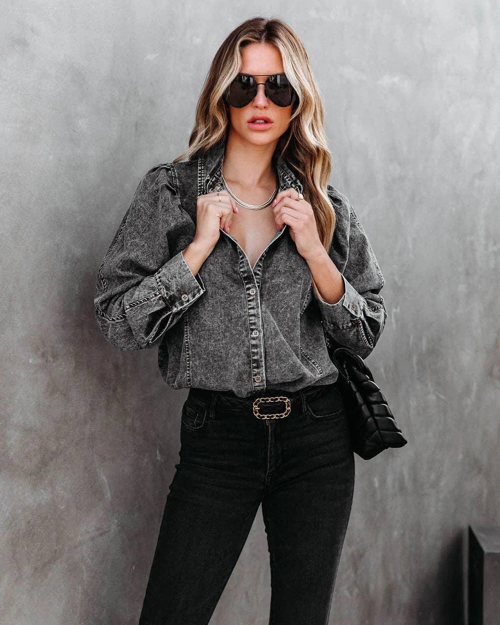 Ladies Denim Pockets Lapel Puff Sleeves Shirt 657 - SWEETKAMA