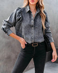 Ladies Denim Pockets Lapel Puff Sleeves Shirt 657 - SWEETKAMA