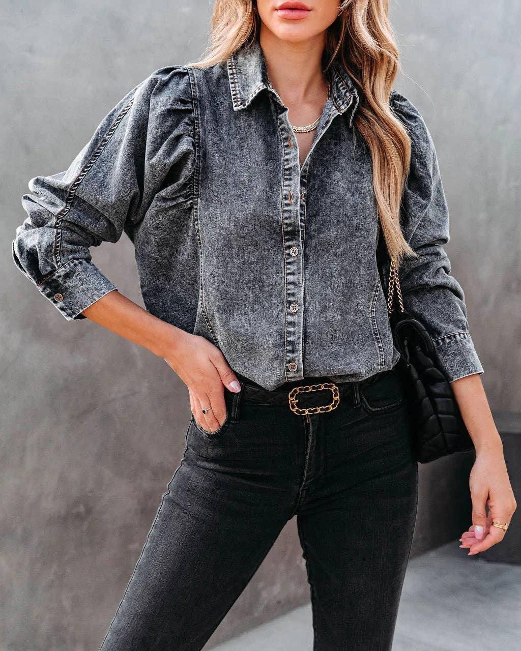 Ladies Denim Pockets Lapel Puff Sleeves Shirt 657 - SWEETKAMA