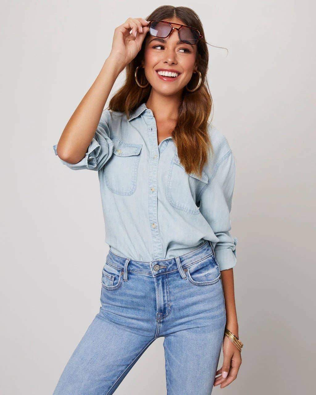 Ladies Denim Pockets Long Sleeves Shirt 32130 - SWEETKAMA