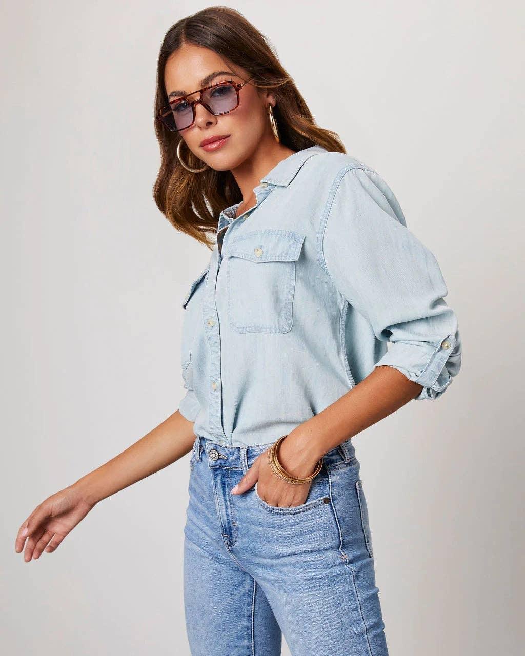 Ladies Denim Pockets Long Sleeves Shirt 32130 - SWEETKAMA