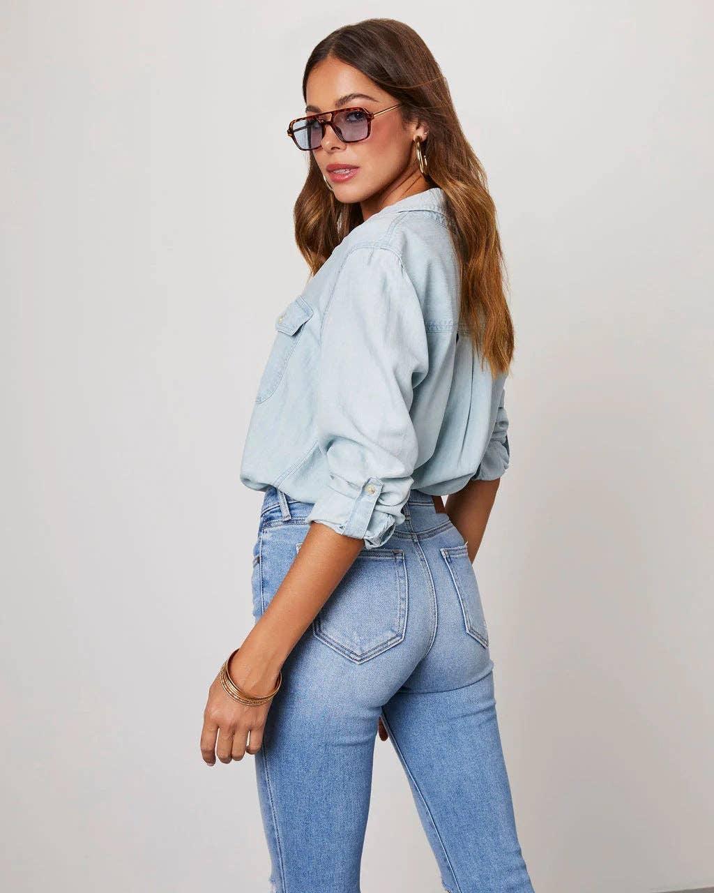 Ladies Denim Pockets Long Sleeves Shirt 32130 - SWEETKAMA