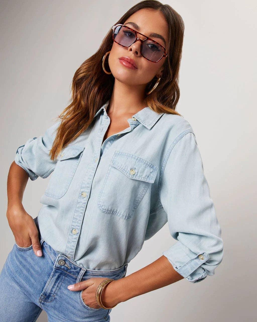 Ladies Denim Pockets Long Sleeves Shirt 32130 - SWEETKAMA