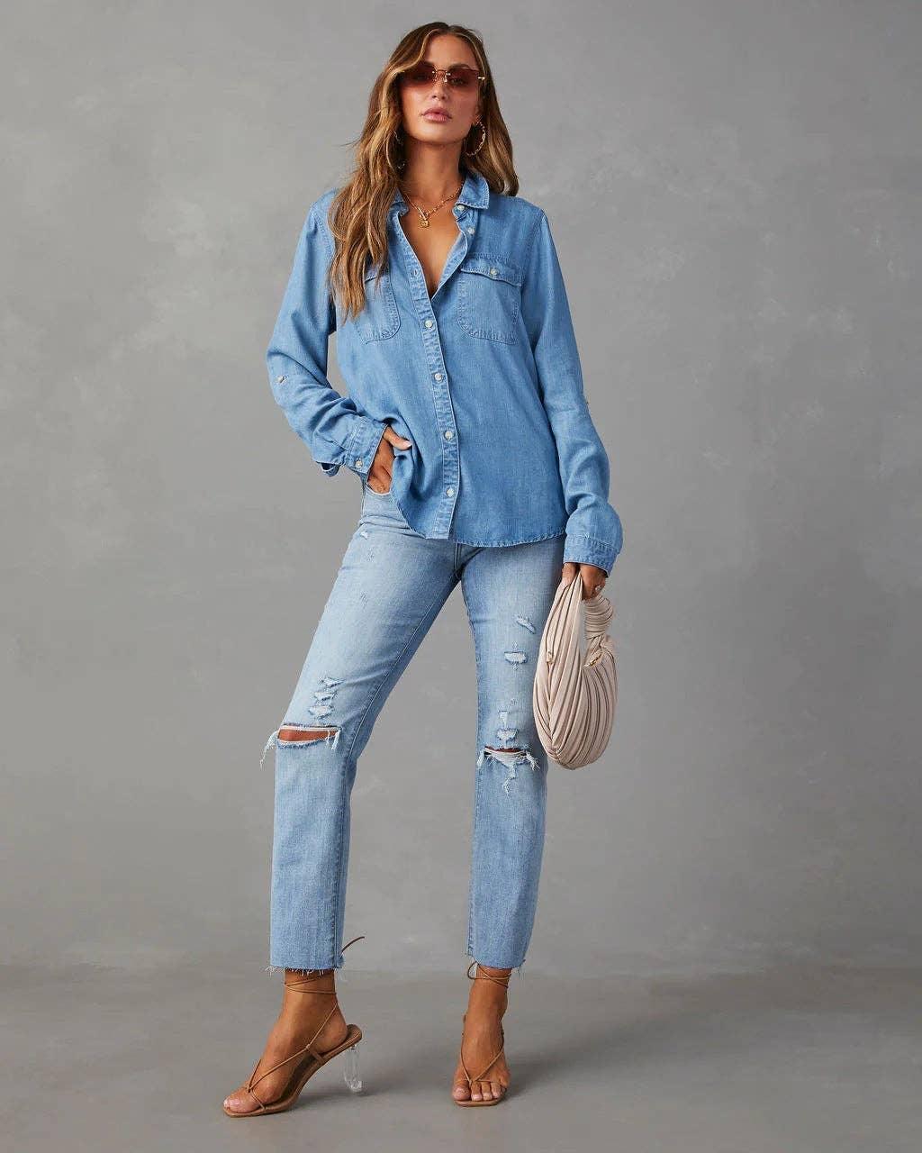 Ladies Denim Pockets Long Sleeves Shirt 32130 - SWEETKAMA