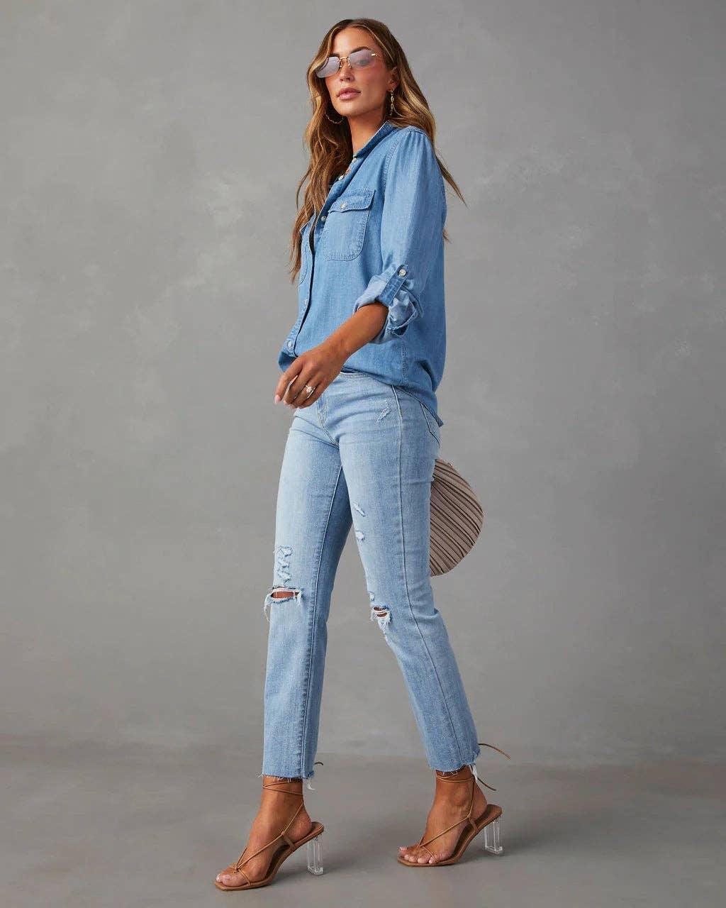 Ladies Denim Pockets Long Sleeves Shirt 32130 - SWEETKAMA