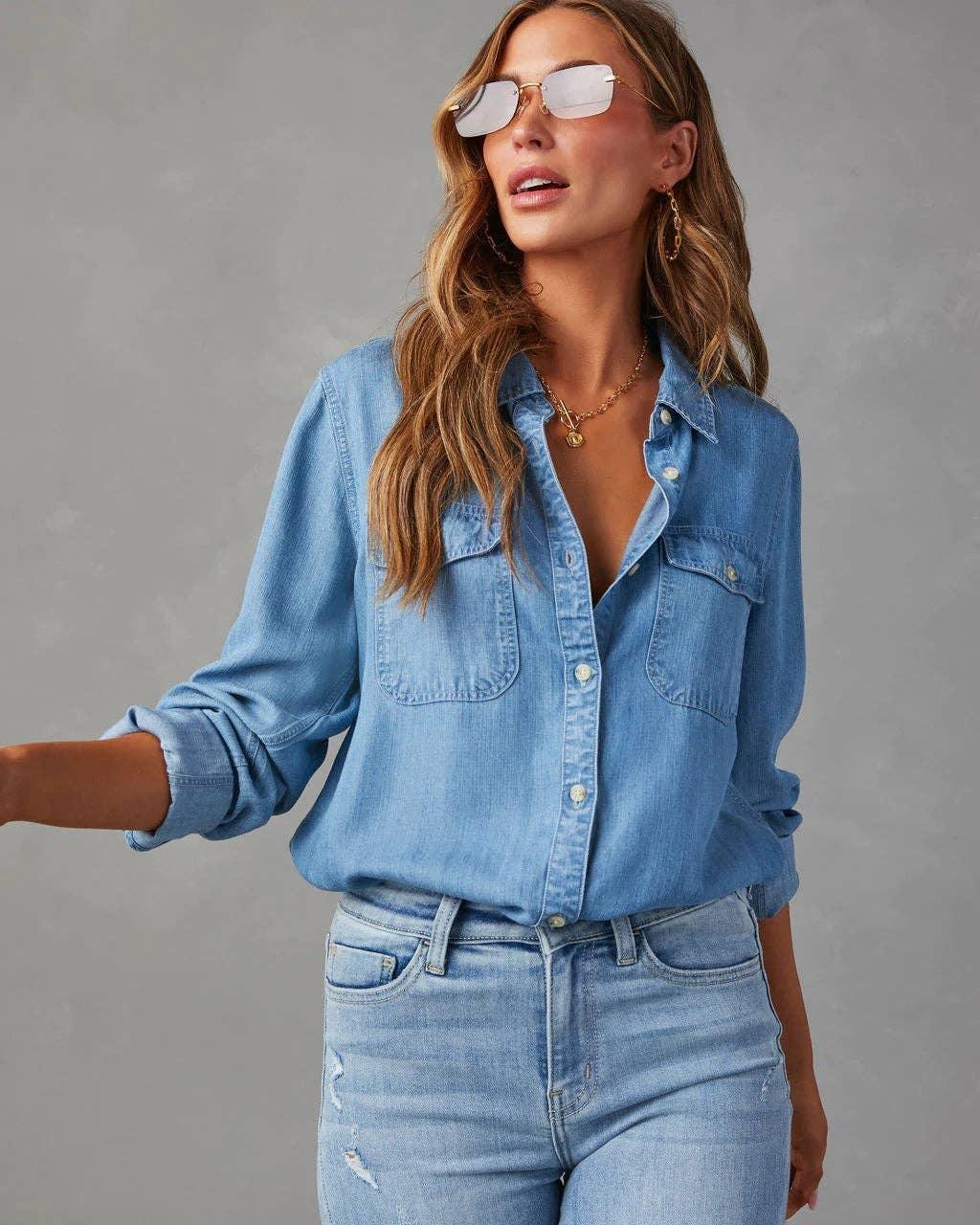 Ladies Denim Pockets Long Sleeves Shirt 32130 - SWEETKAMA
