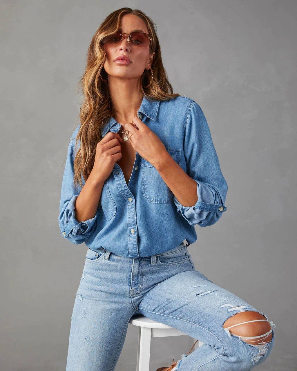 Ladies Denim Pockets Long Sleeves Shirt 32130 - SWEETKAMA
