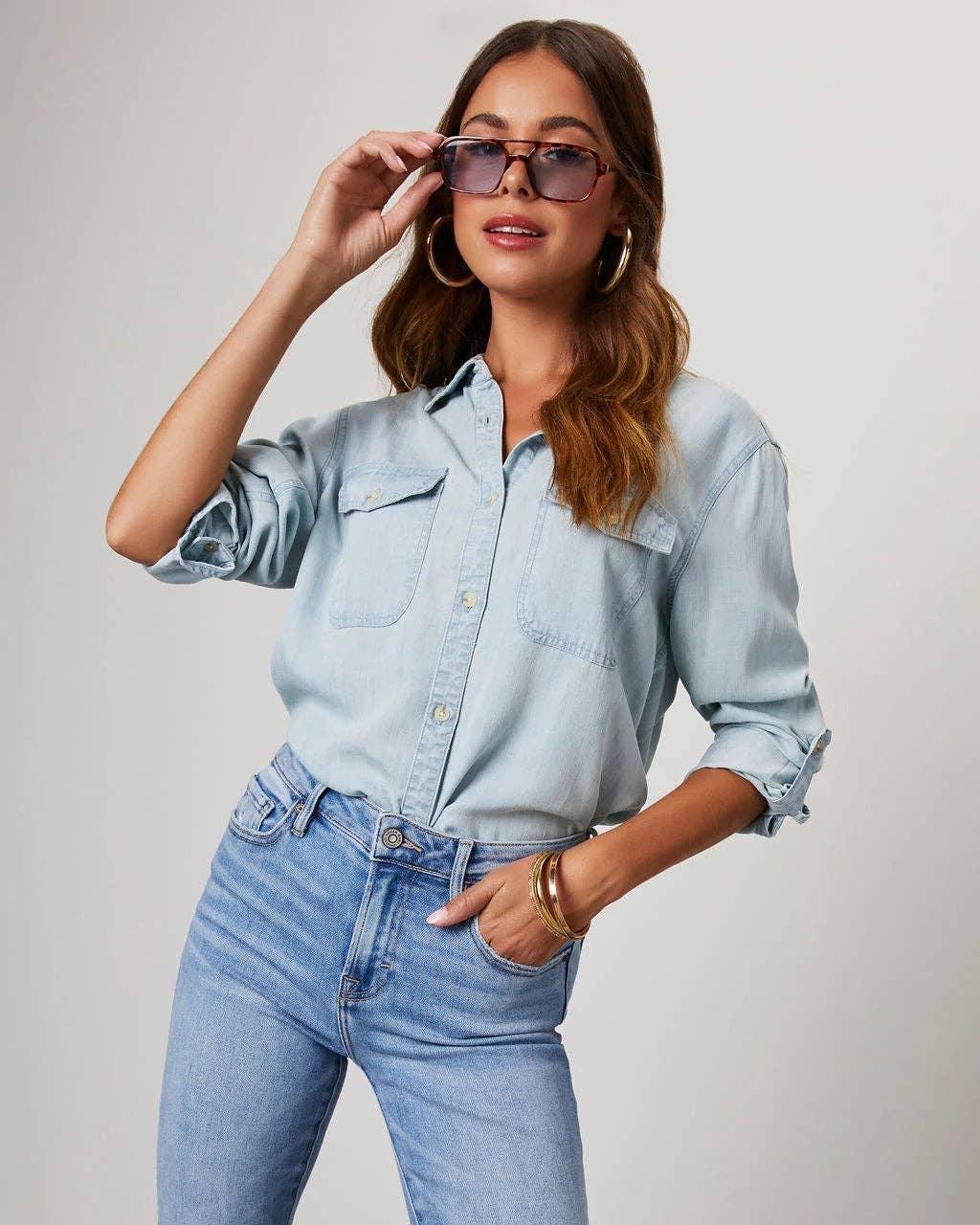 Ladies Denim Pockets Long Sleeves Shirt 32130 - SWEETKAMA