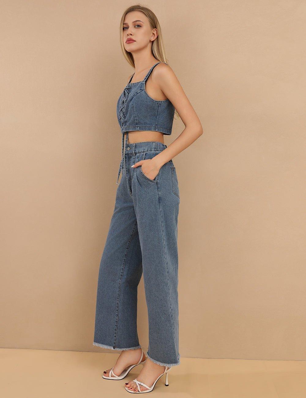 Ladies Denim Tank Top and Wide Leg Pants 2PCS Set SKST395 - SWEETKAMA