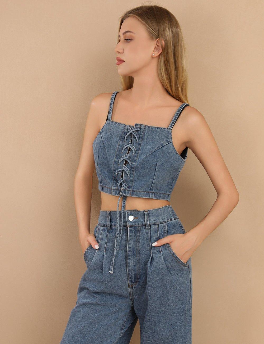 Ladies Denim Tank Top and Wide Leg Pants 2PCS Set SKST395 - SWEETKAMA