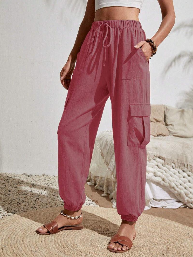 Ladies Elastic Waist Solid Color Cargo Pants AXR281 - SWEETKAMA