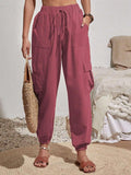 Ladies Elastic Waist Solid Color Cargo Pants AXR281 - SWEETKAMA