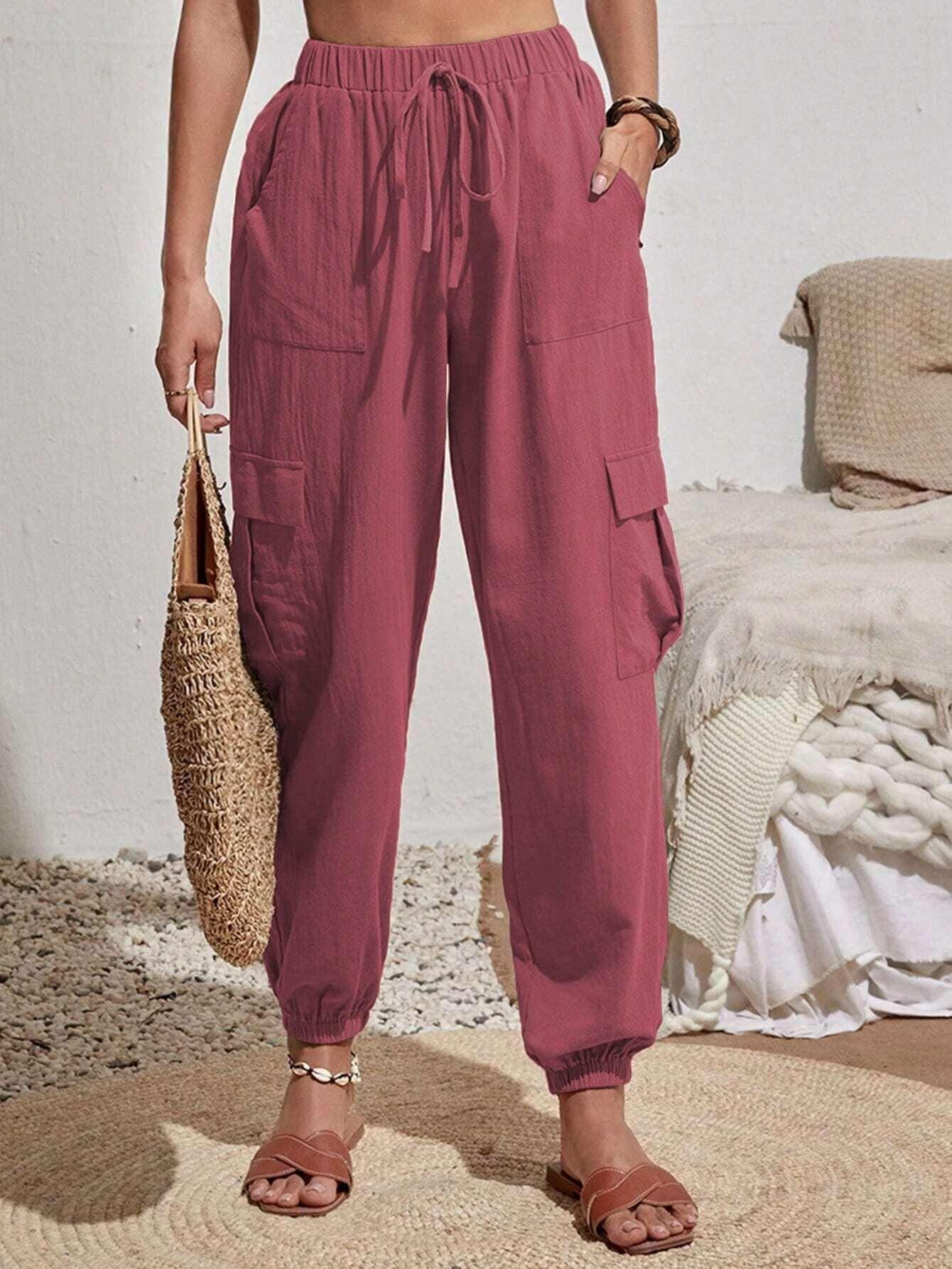Ladies Elastic Waist Solid Color Cargo Pants AXR281 - SWEETKAMA
