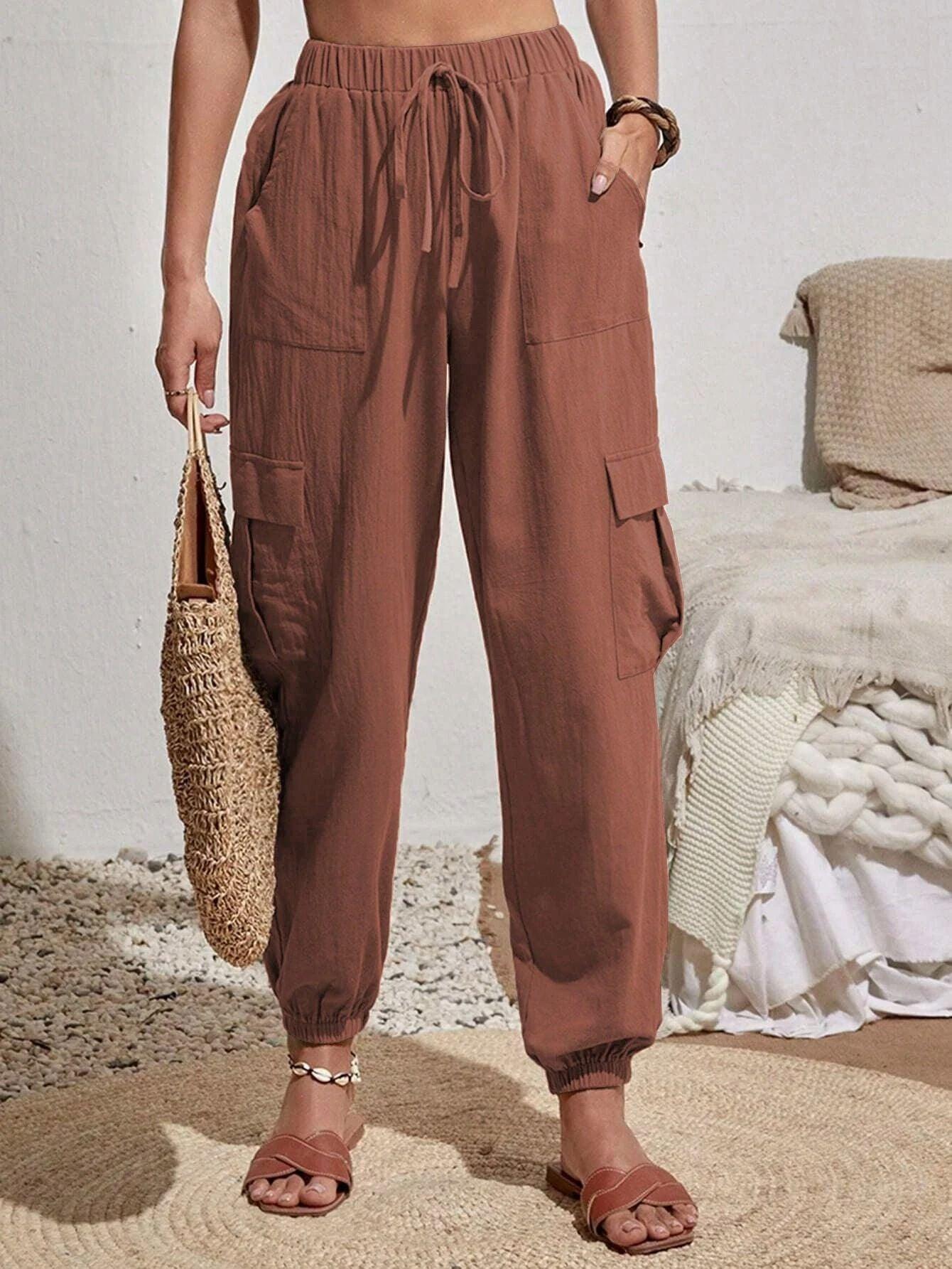 Ladies Elastic Waist Solid Color Cargo Pants AXR281 - SWEETKAMA
