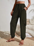 Ladies Elastic Waist Solid Color Cargo Pants AXR281 - SWEETKAMA