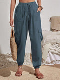 Ladies Elastic Waist Solid Color Cargo Pants AXR281 - SWEETKAMA
