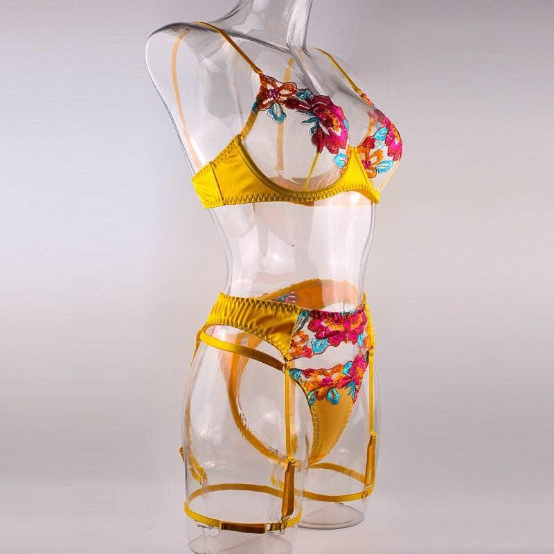 Ladies Floral Embroidery Lingerie Set with Garter Belt R1154A - SWEETKAMA