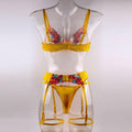 Ladies Floral Embroidery Lingerie Set with Garter Belt R1154A - SWEETKAMA
