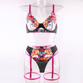 Ladies Floral Embroidery Lingerie Set with Garter Belt R1154A - SWEETKAMA