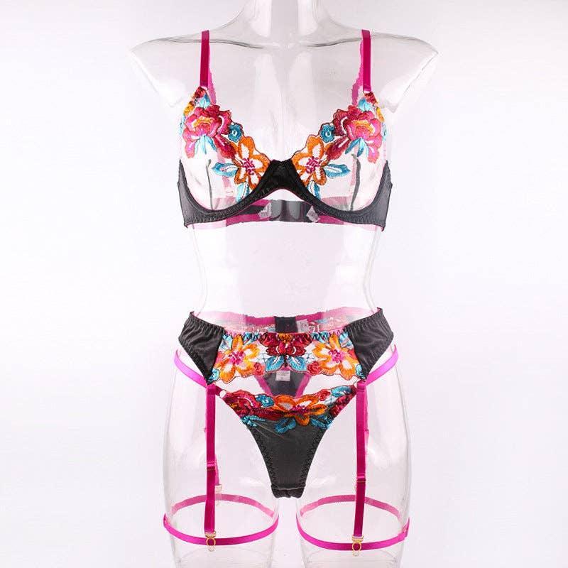 Ladies Floral Embroidery Lingerie Set with Garter Belt R1154A - SWEETKAMA