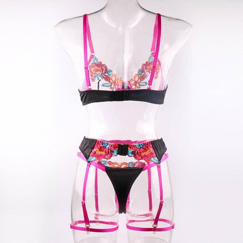 Ladies Floral Embroidery Lingerie Set with Garter Belt R1154A - SWEETKAMA