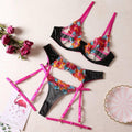 Ladies Floral Embroidery Lingerie Set with Garter Belt R1154A - SWEETKAMA