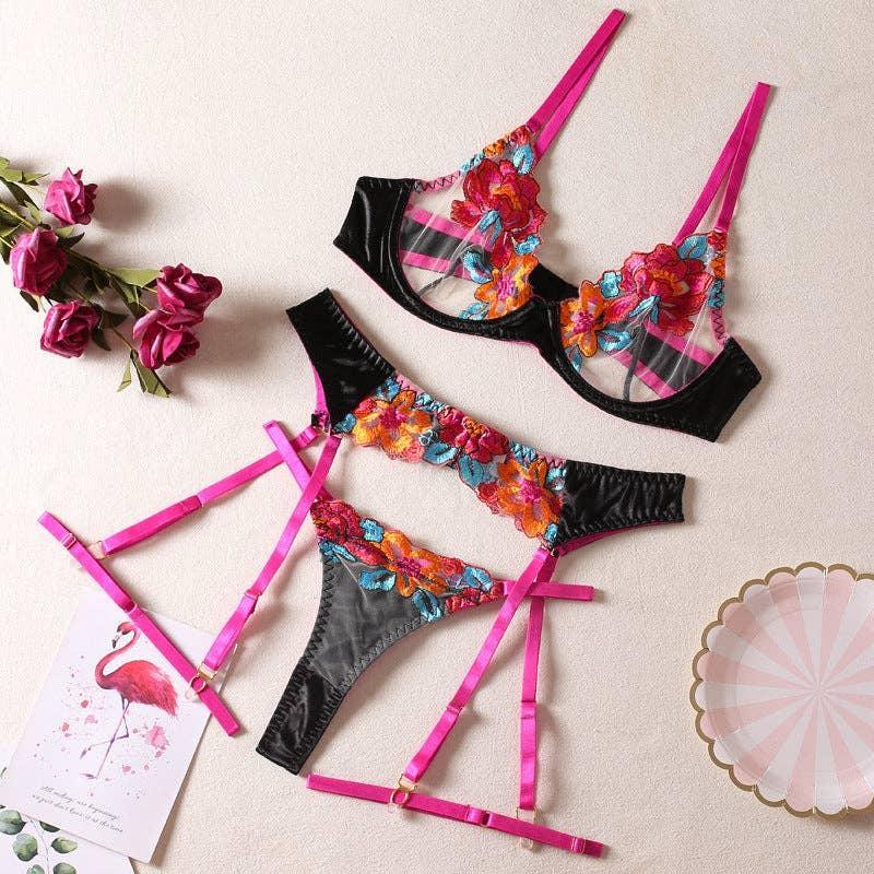 Ladies Floral Embroidery Lingerie Set with Garter Belt R1154A - SWEETKAMA
