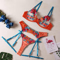 Ladies Floral Embroidery Lingerie Set with Garter Belt R1154A - SWEETKAMA
