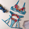 Ladies Floral Embroidery Lingerie Set with Garter Belt R1154A - SWEETKAMA