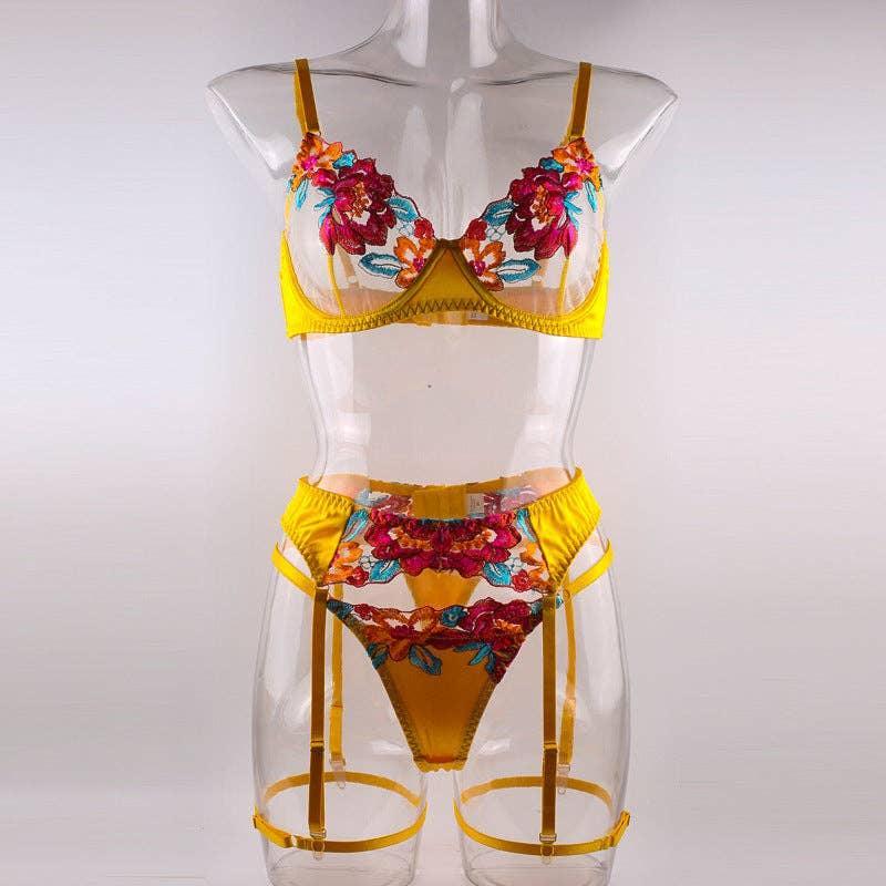 Ladies Floral Embroidery Lingerie Set with Garter Belt R1154A - SWEETKAMA