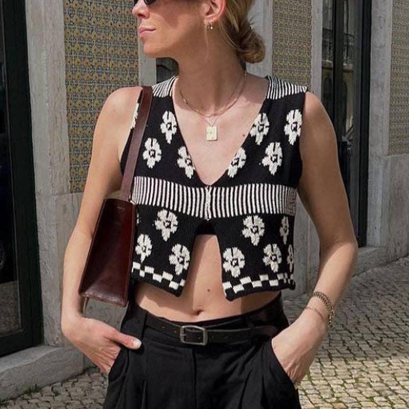 Ladies Floral Print Sleeveless V-Neck Knit Top FQT555 - SWEETKAMA
