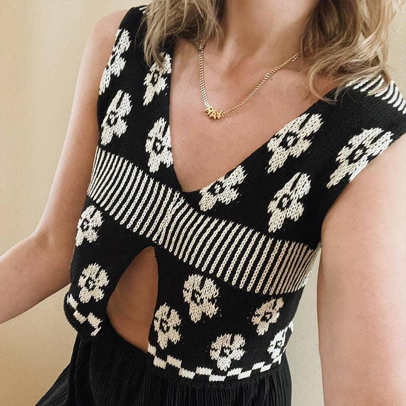 Ladies Floral Print Sleeveless V-Neck Knit Top FQT555 - SWEETKAMA