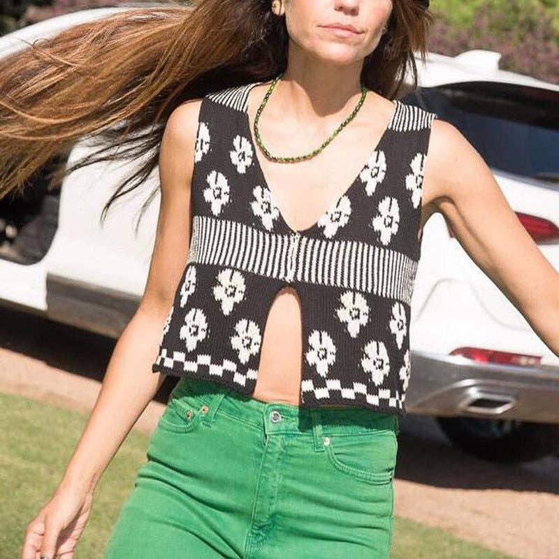 Ladies Floral Print Sleeveless V-Neck Knit Top FQT555 - SWEETKAMA