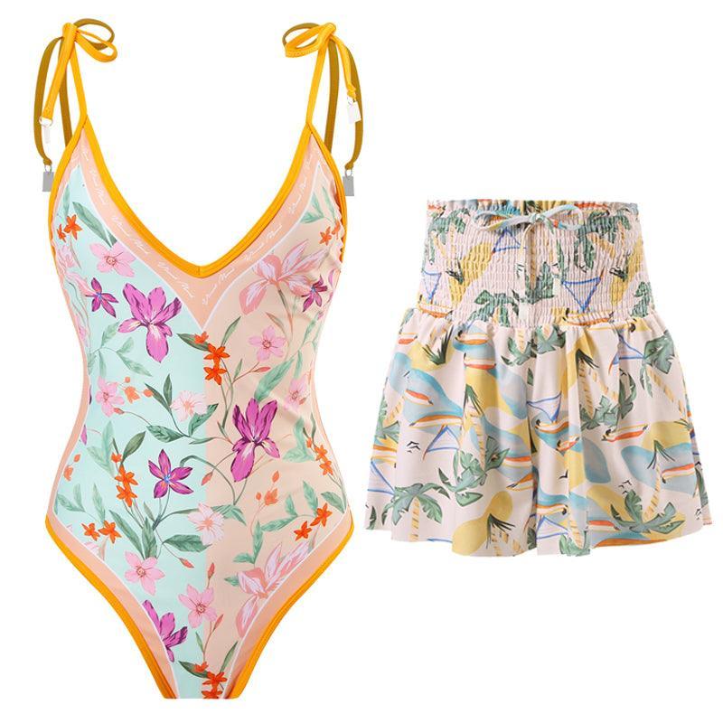 Ladies Floral Reversible One Piece Swimwear with Skirt Y18 - SWEETKAMA