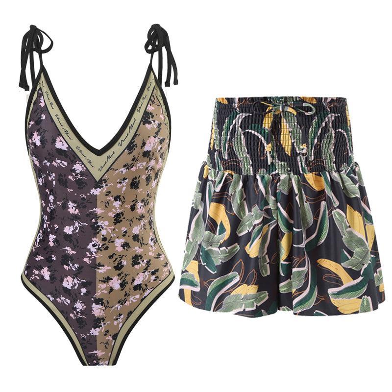 Ladies Floral Reversible One Piece Swimwear with Skirt Y18 - SWEETKAMA