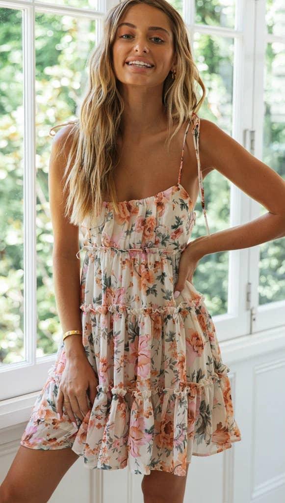 Ladies Flounce Flower Print Daily Mini Dress 1101 - SWEETKAMA