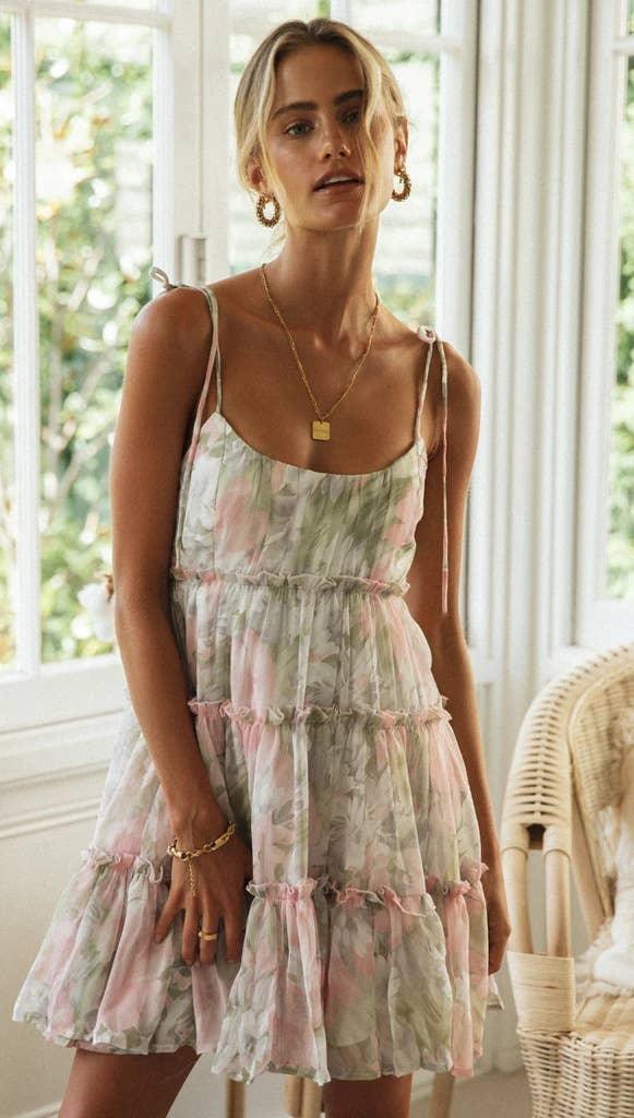 Ladies Flounce Flower Print Daily Mini Dress 1101 - SWEETKAMA
