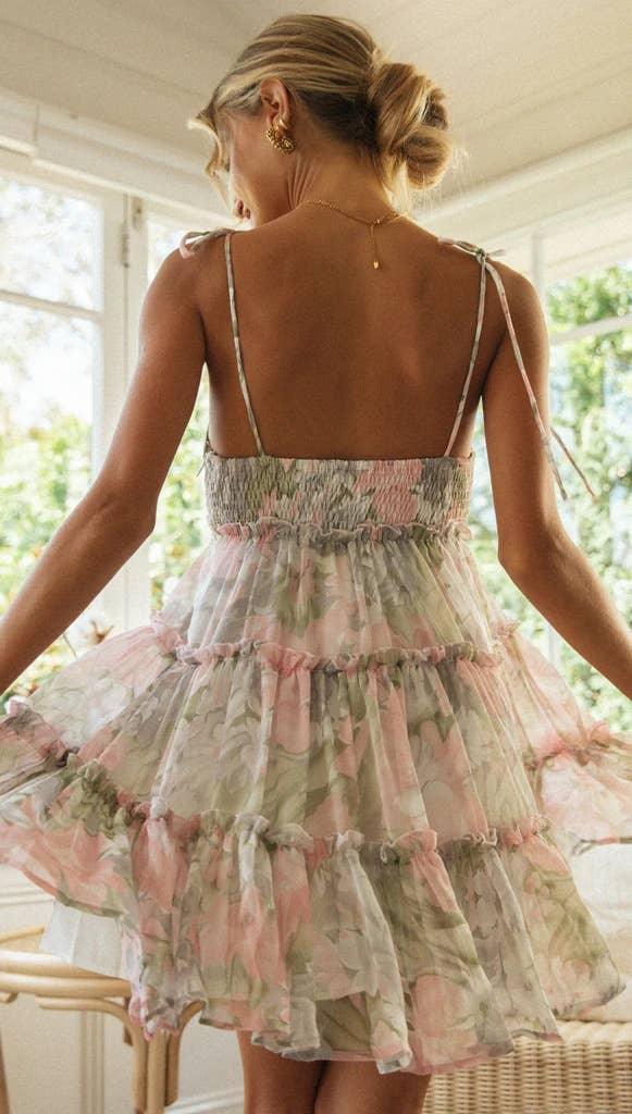 Ladies Flounce Flower Print Daily Mini Dress 1101 - SWEETKAMA