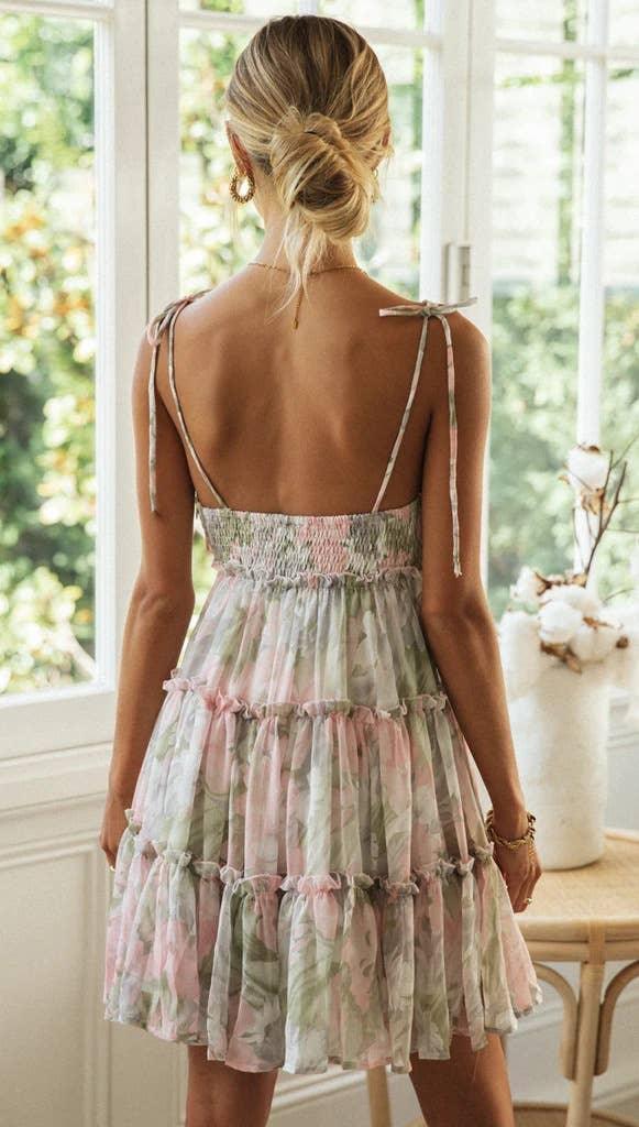 Ladies Flounce Flower Print Daily Mini Dress 1101 - SWEETKAMA