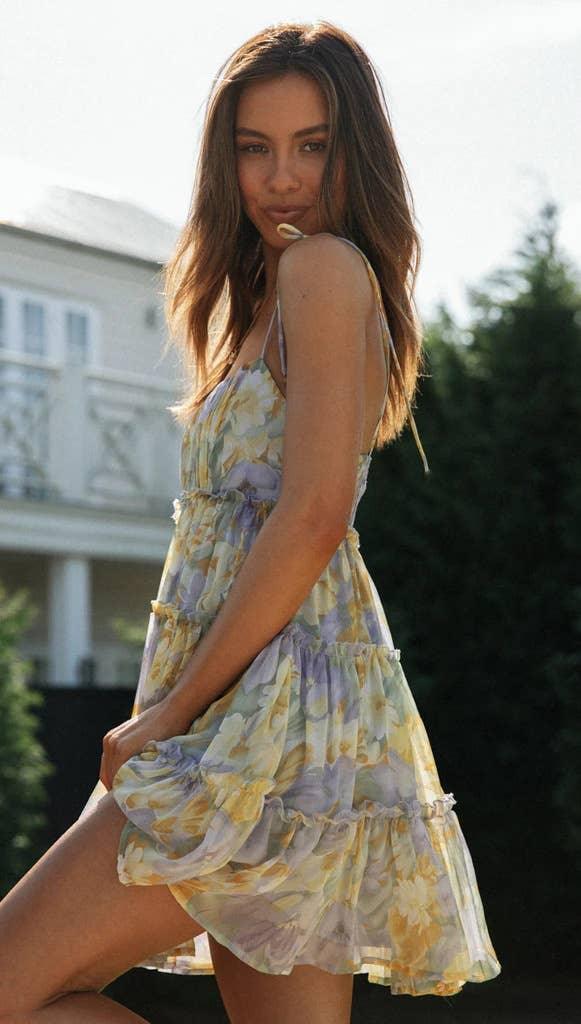 Ladies Flounce Flower Print Daily Mini Dress 1101 - SWEETKAMA