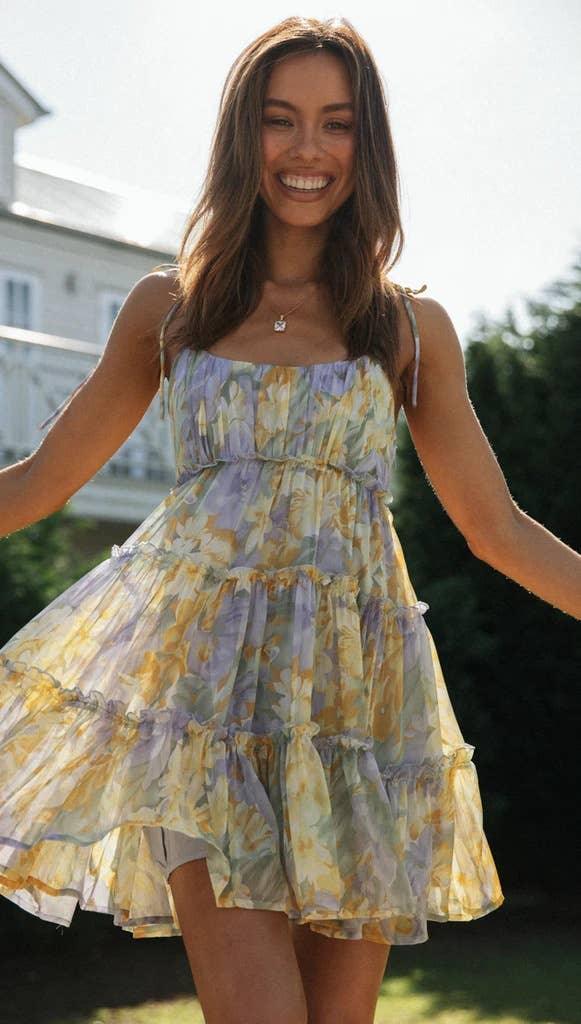 Ladies Flounce Flower Print Daily Mini Dress 1101 - SWEETKAMA