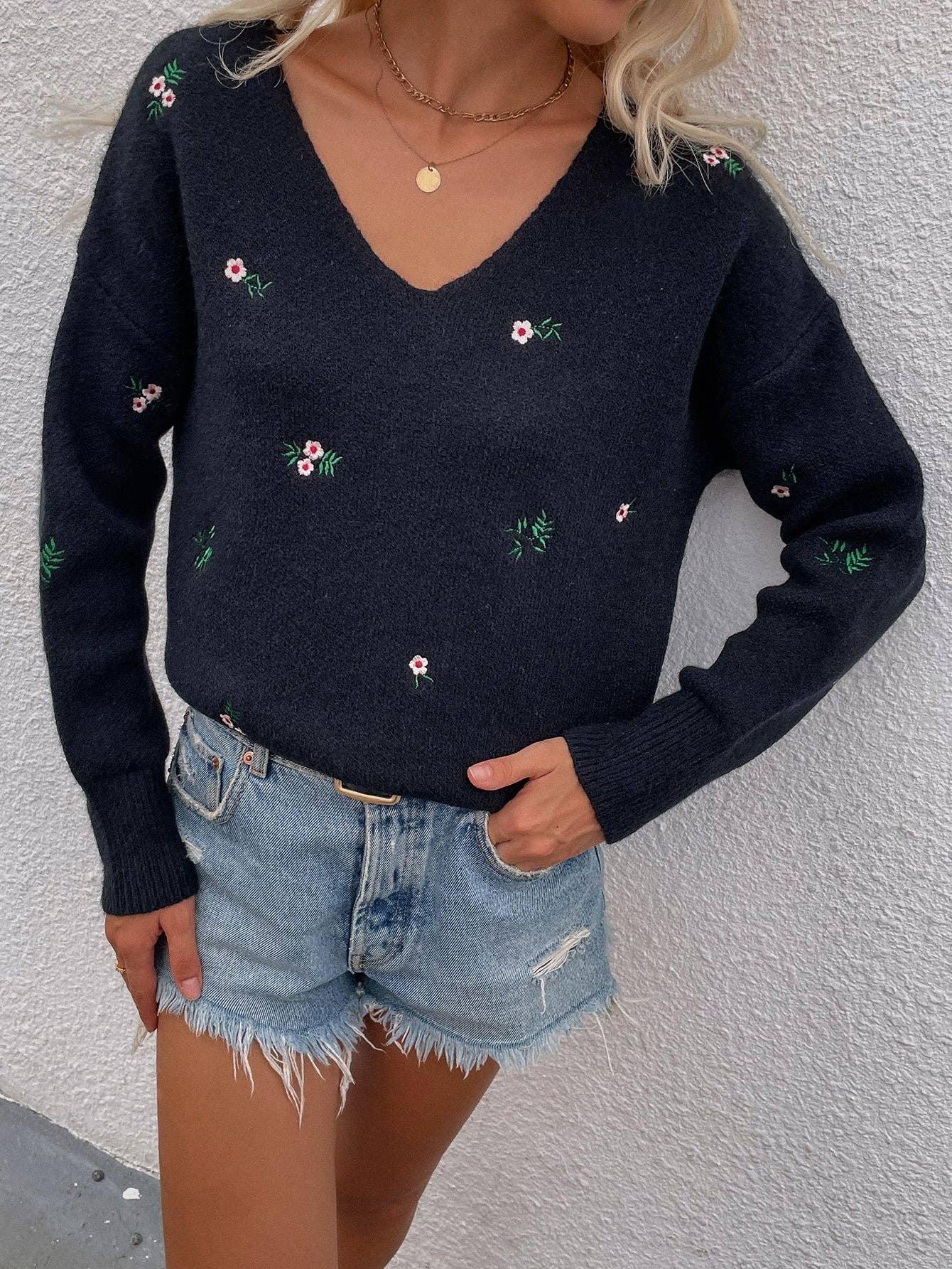 Ladies Flower Embroidery V-Neck Sweater E2201 - SWEETKAMA