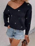 Ladies Flower Embroidery V-Neck Sweater E2201 - SWEETKAMA