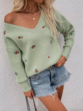 Ladies Flower Embroidery V-Neck Sweater E2201 - SWEETKAMA
