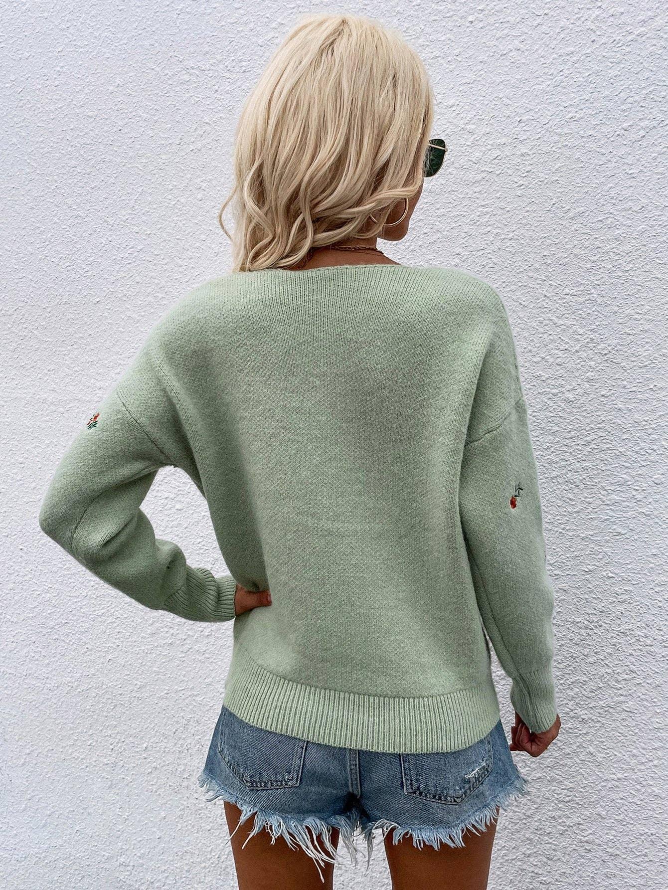 Ladies Flower Embroidery V-Neck Sweater E2201 - SWEETKAMA