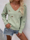 Ladies Flower Embroidery V-Neck Sweater E2201 - SWEETKAMA