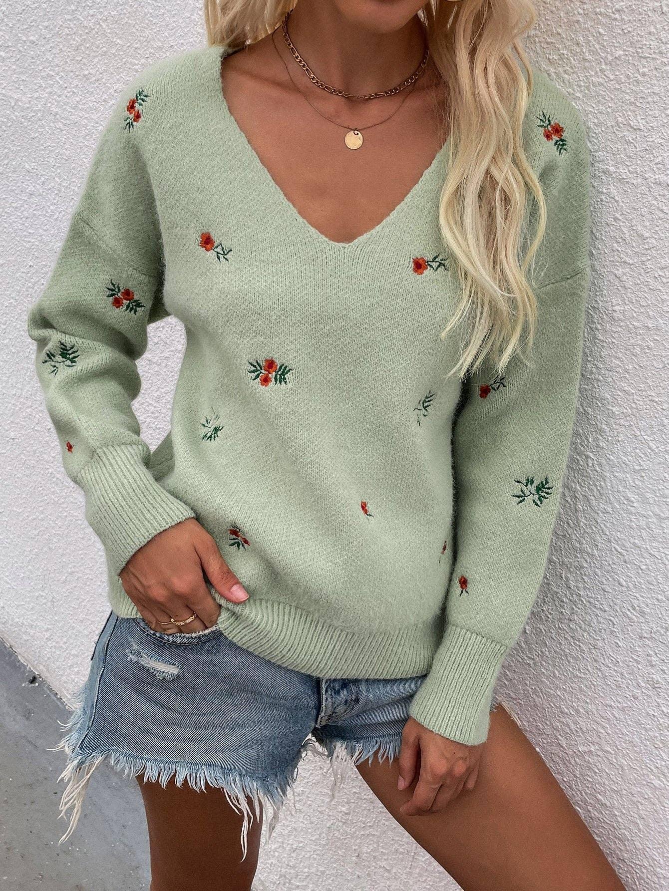 Ladies Flower Embroidery V-Neck Sweater E2201 - SWEETKAMA