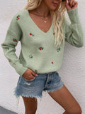 Ladies Flower Embroidery V-Neck Sweater E2201 - SWEETKAMA