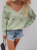 Ladies Flower Embroidery V-Neck Sweater E2201 - SWEETKAMA