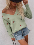 Ladies Flower Embroidery V-Neck Sweater E2201 - SWEETKAMA
